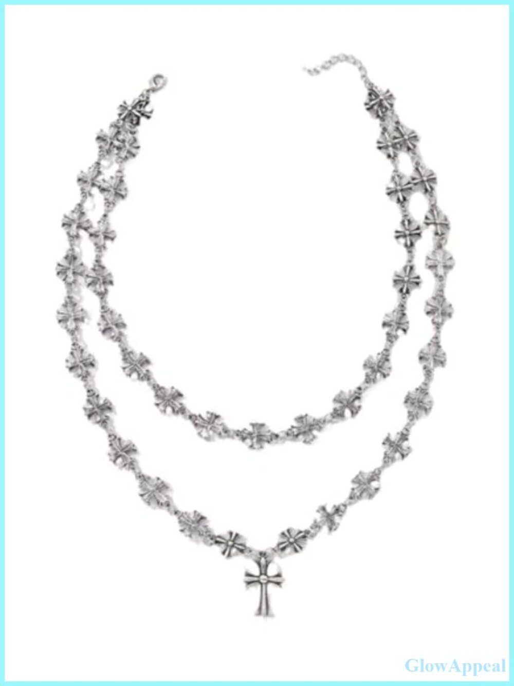 Patonce Cross Pendant Necklace Double Strand Silver Tone Gothic 17 Inch